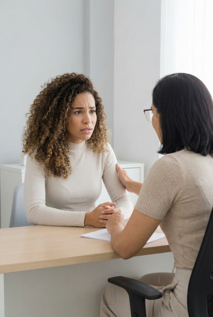 Kelly Vieira atendendo em seu consultório uma pessoas que está possivelmente sofrendo com problemas de ansiedade, depressão e pânico - Especialista em ansiedade em Brasília - DF